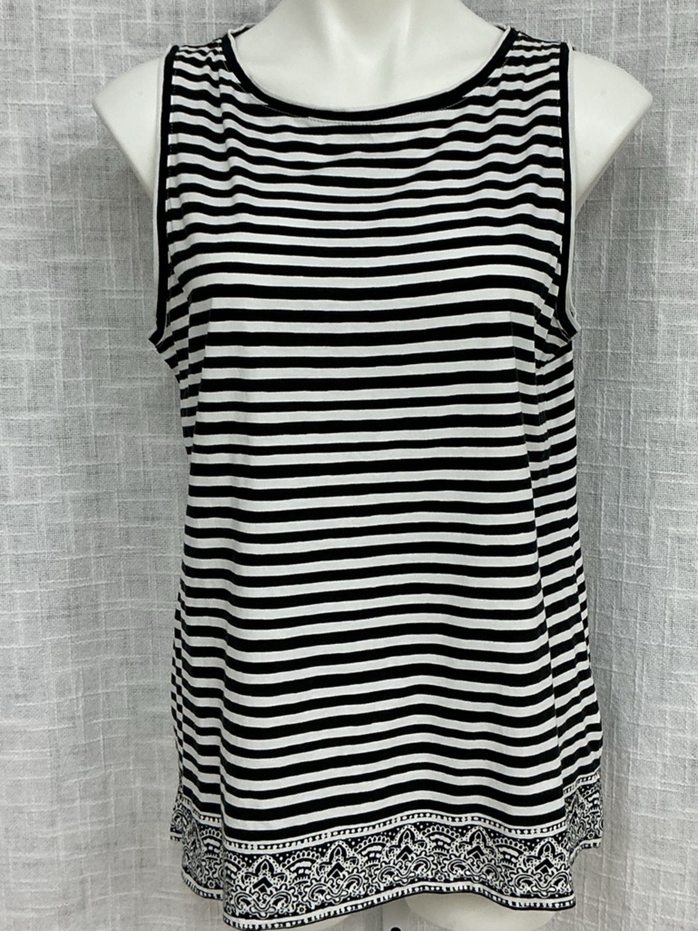 Talbots Black & White Striped Sleeveless Tank with Decorative Hem